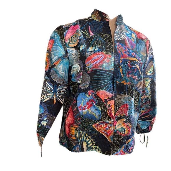 Chico's Bold Butterfly Print Open 3/4 Tie Sleeve 100% Silk Jacket Sz 0 US Small - Picture 3 of 13